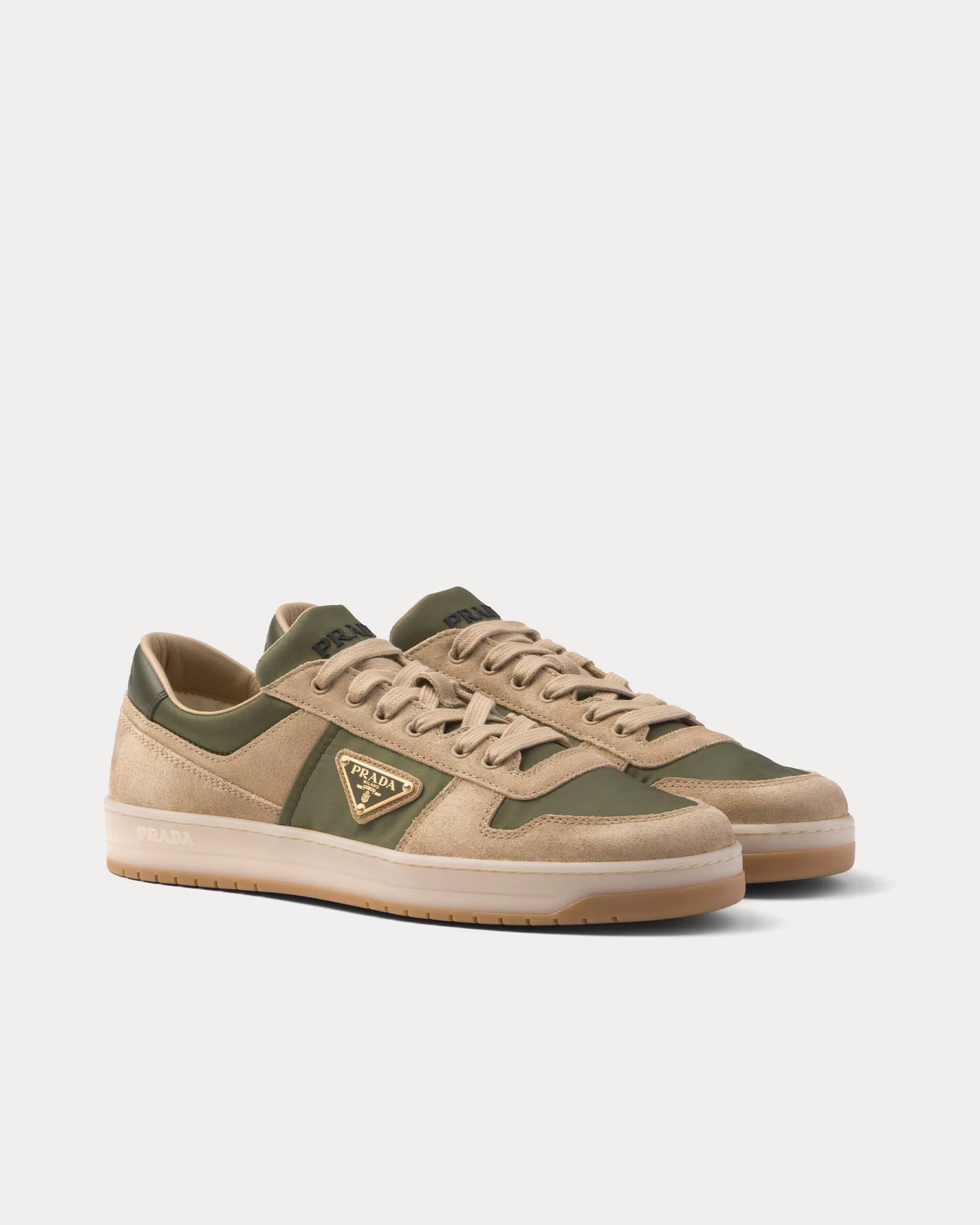 Prada Downtown Delavé Suede & Re-Nylon Ecru / Military Low Top Sneakers - 3