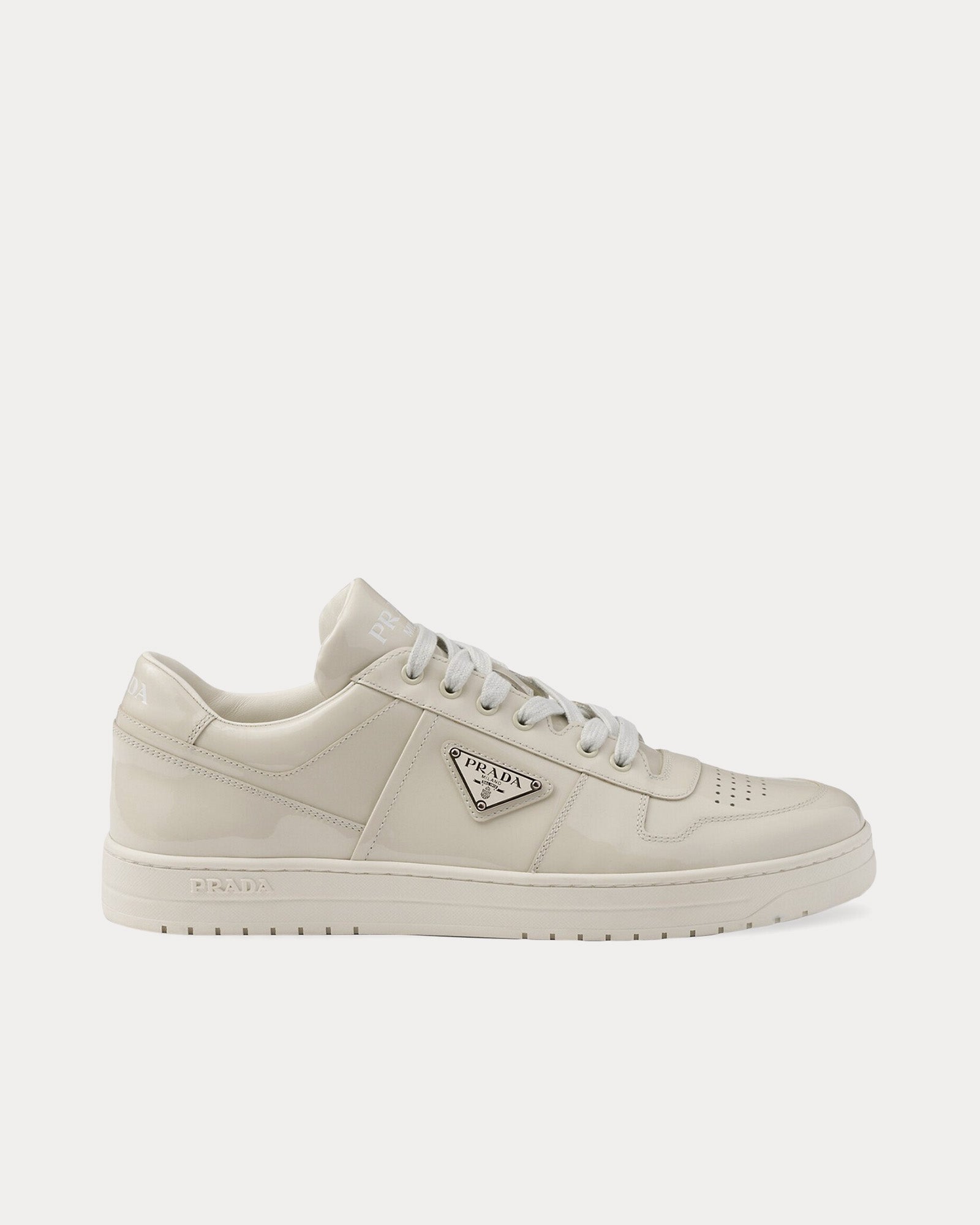 Prada Downtown Patent Leather Alabaster Low Top Sneakers - 1