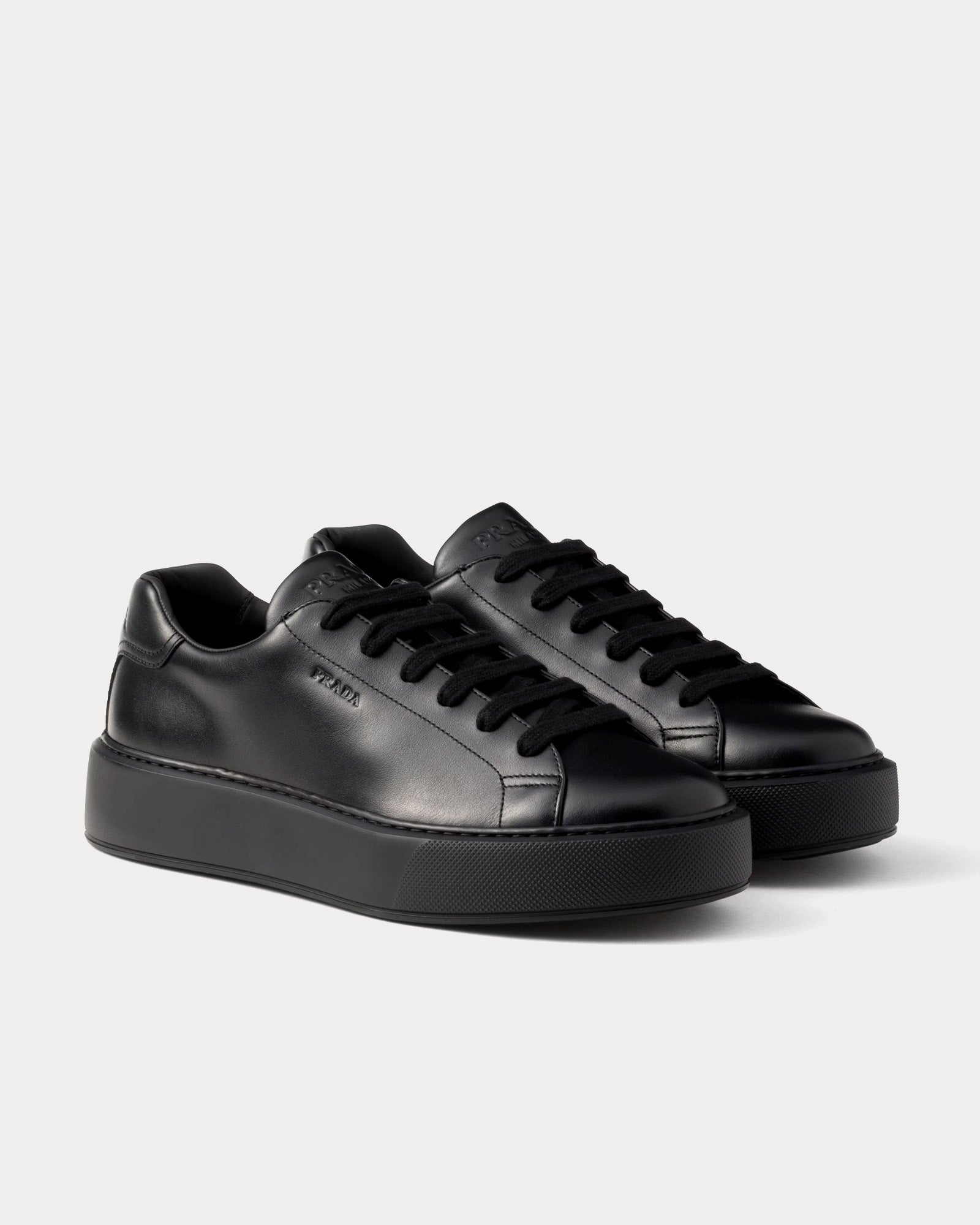 Prada Expanded Sole Leather Black Low Top Sneakers - 3