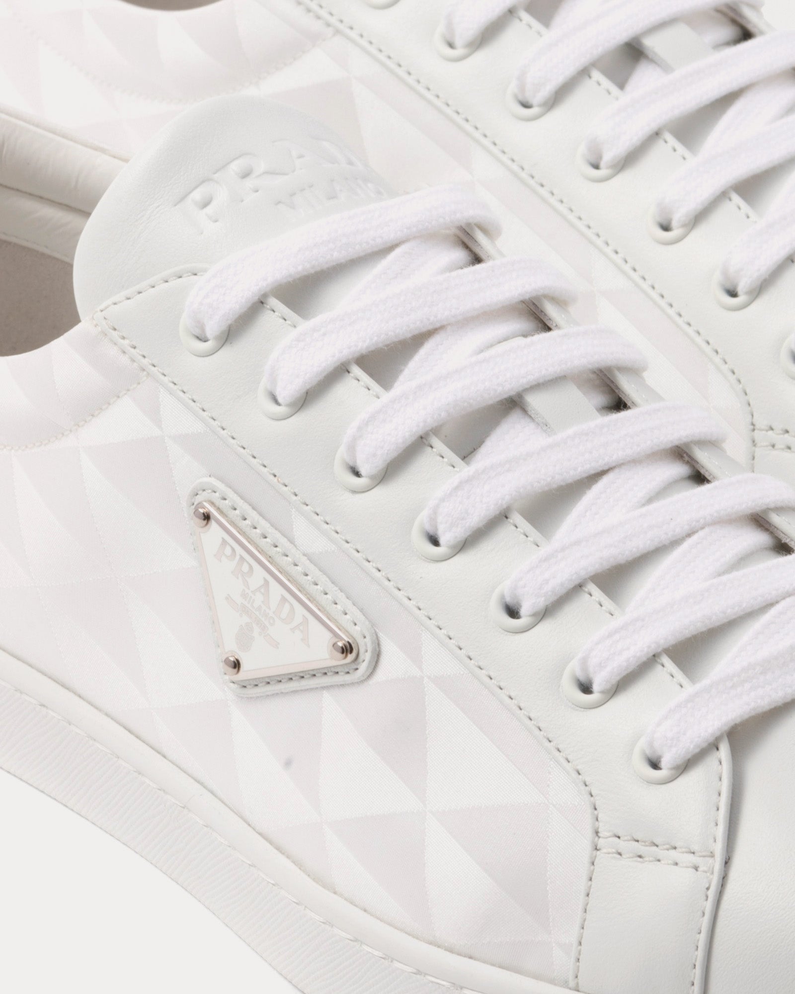 Prada Leather & Re-Nylon White Low Top Sneakers - 3