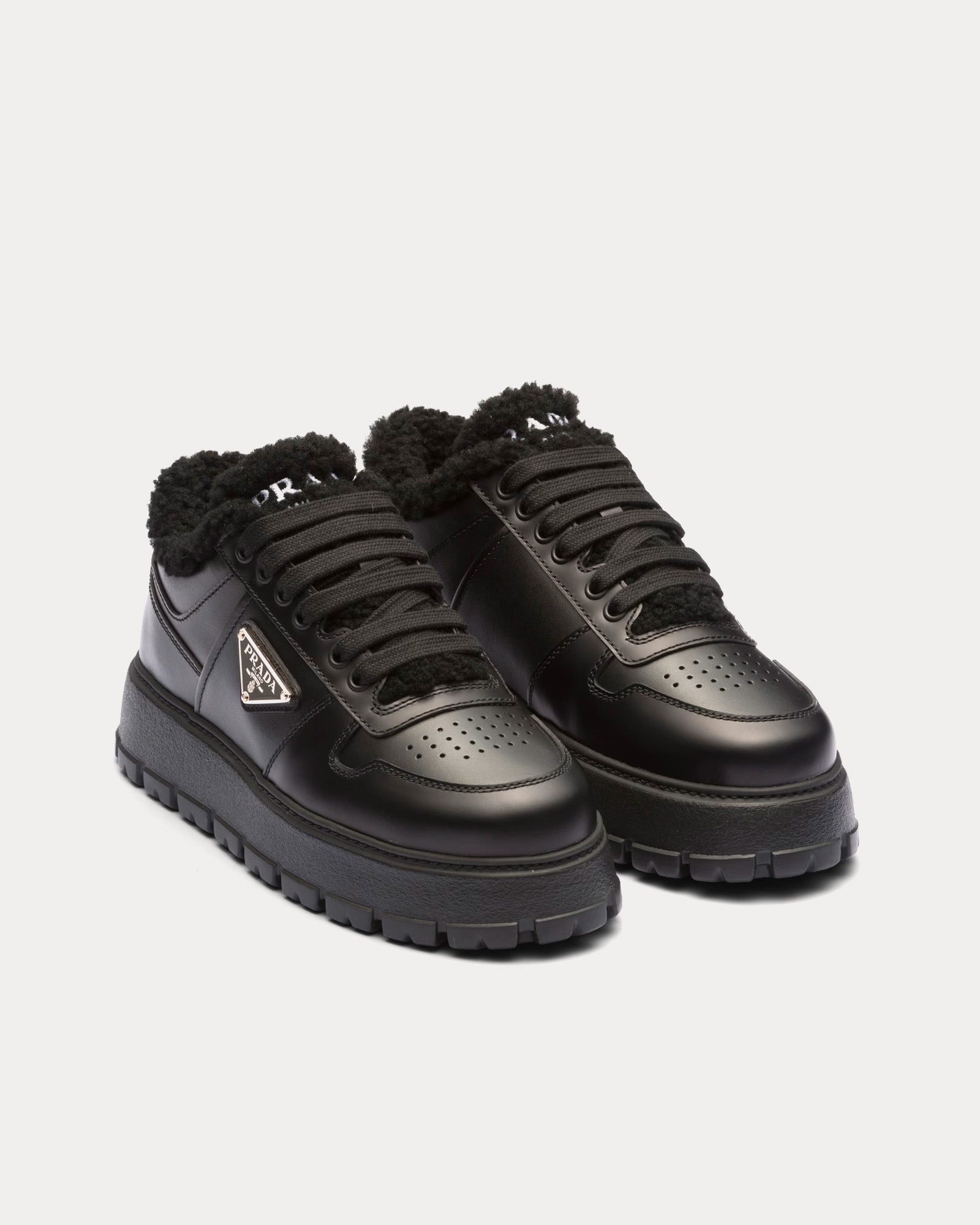 Prada Leather & Shearling Black Low Top Sneakers - 2