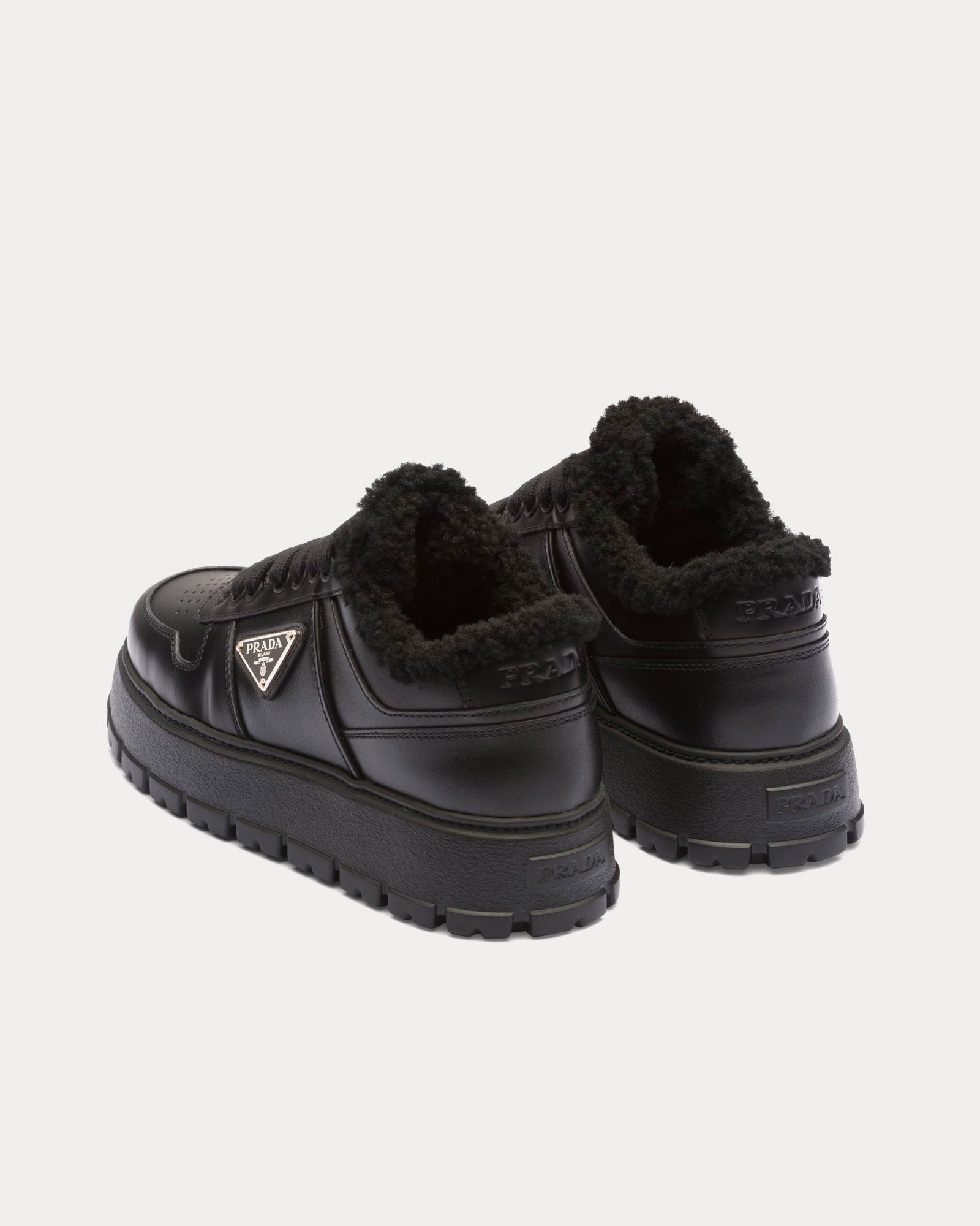 Prada Leather & Shearling Black Low Top Sneakers - 3