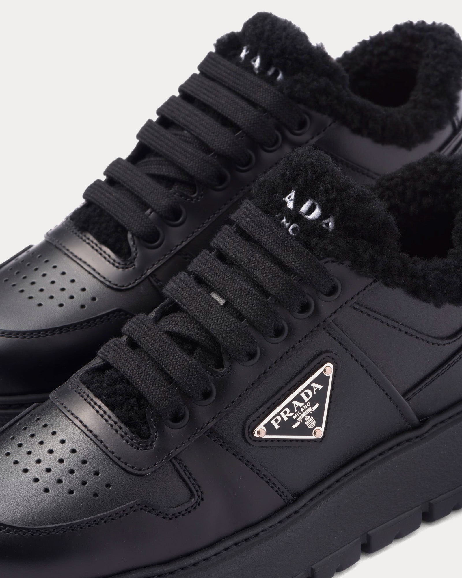 Prada Leather & Shearling Black Low Top Sneakers - 4