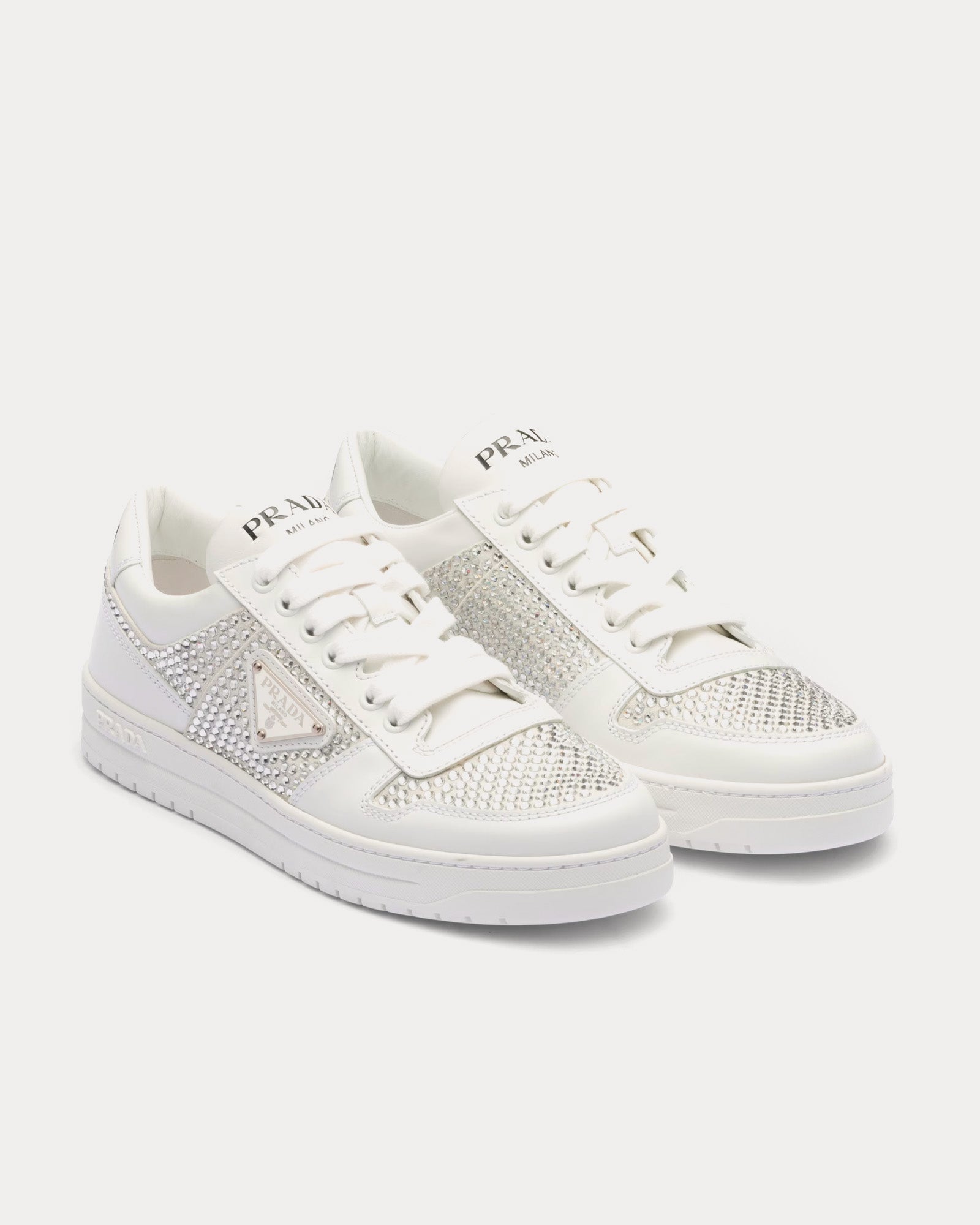 Prada Downtown Crystal Leather White Low Top Sneakers - 2