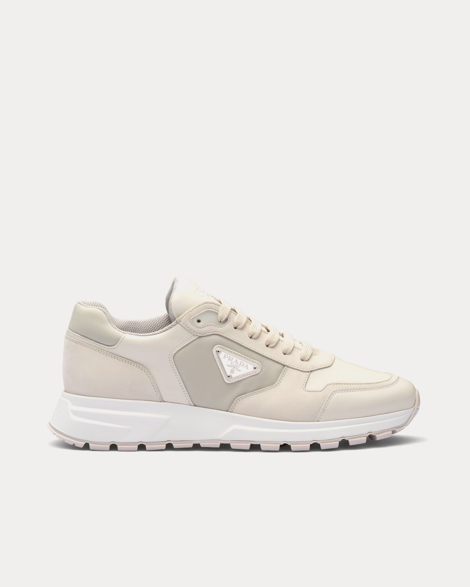 Prada Nubuck Leather & Nylon Chalk White Low Top Sneakers - 1