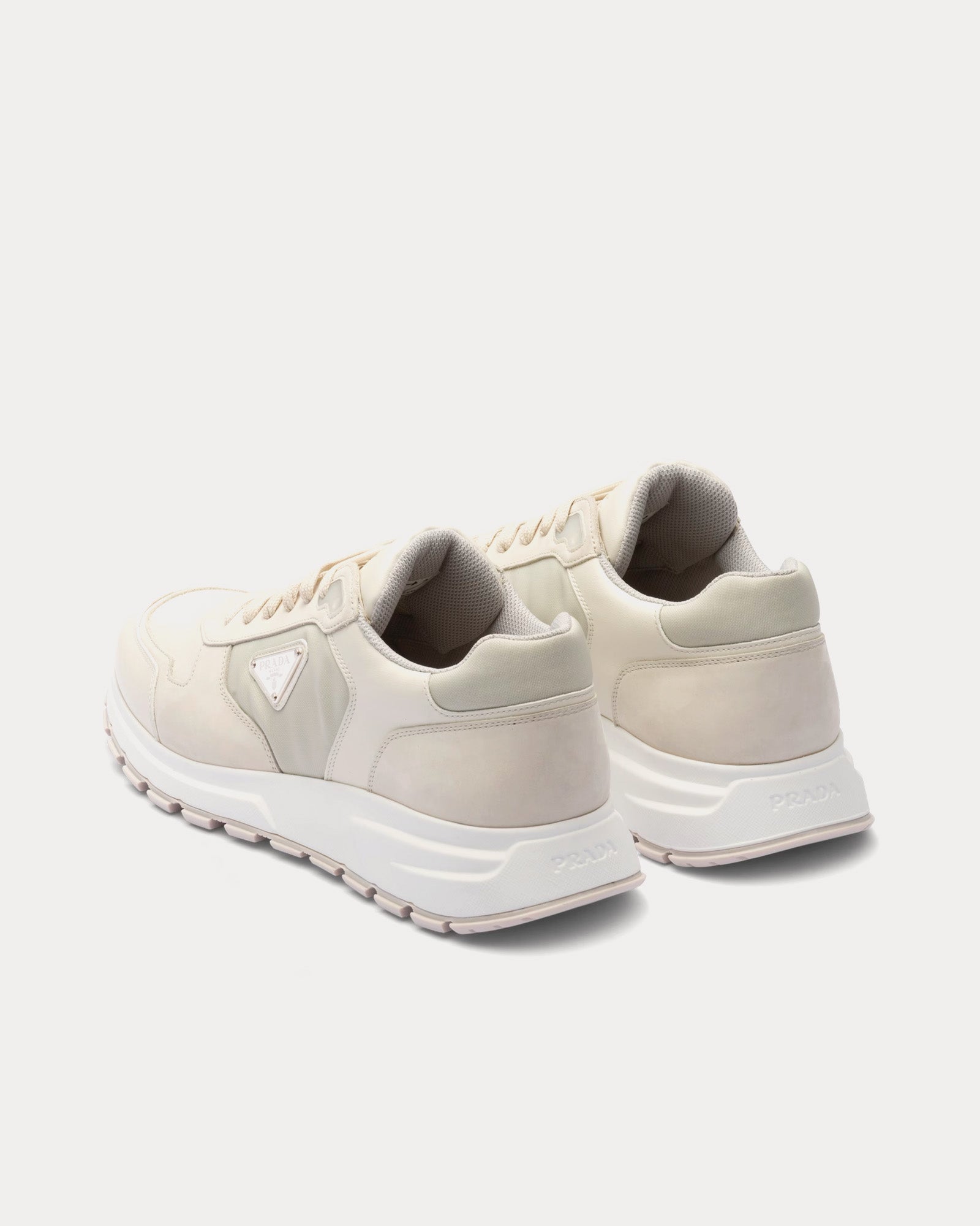 Prada Nubuck Leather & Nylon Chalk White Low Top Sneakers - 3