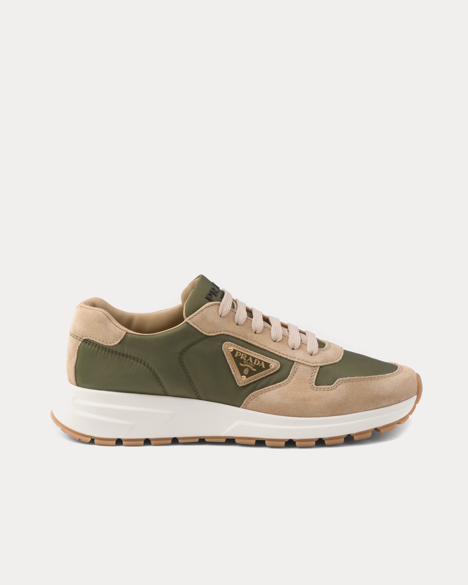 Prada Prax 01 Delavé Suede & Re-Nylon Ecru / Military Low Top Sneakers - 1