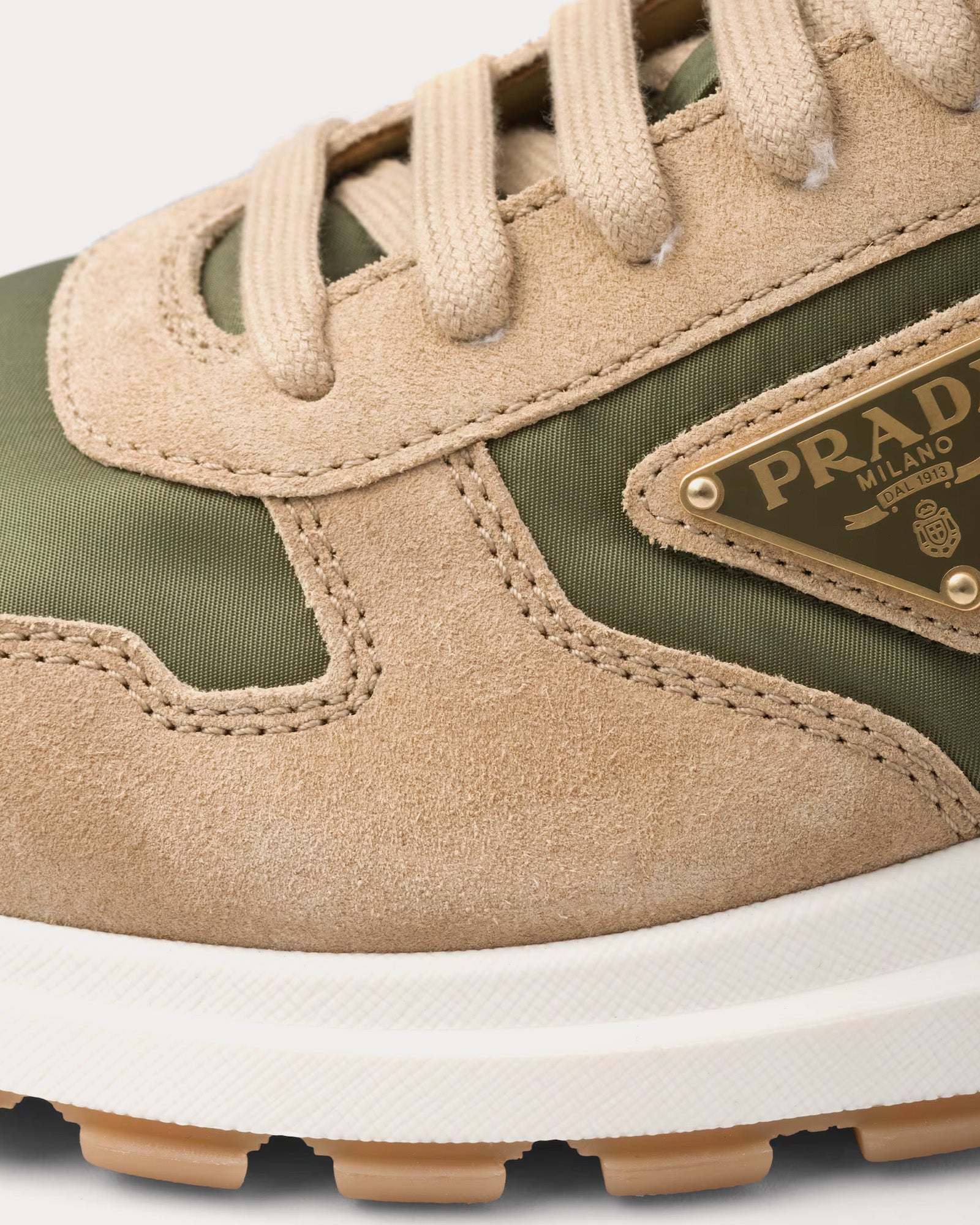 Prada Prax 01 Delavé Suede & Re-Nylon Ecru / Military Low Top Sneakers - 5