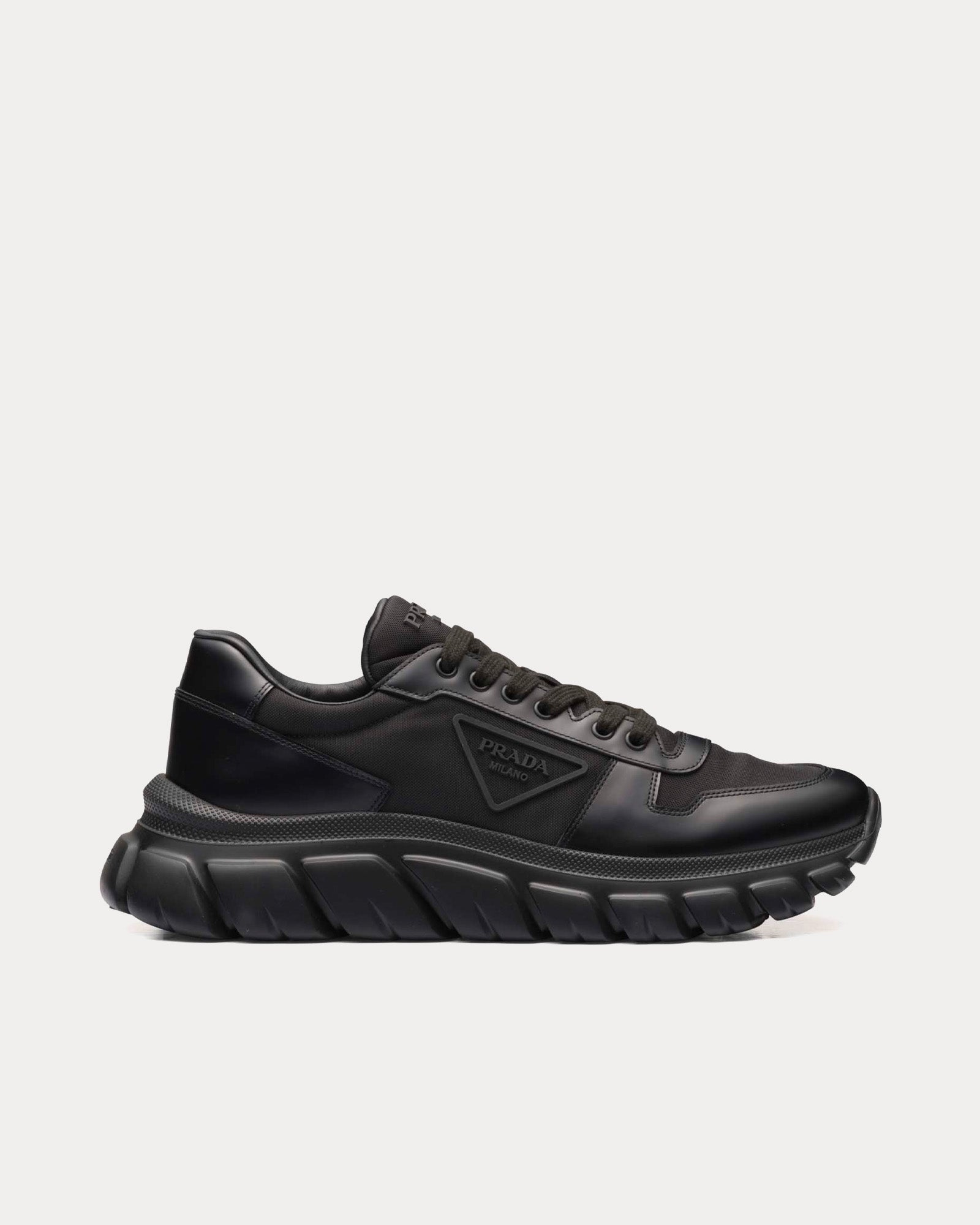 Prada Re-Nylon & Brushed Leather Black Low Top Sneakers - 1