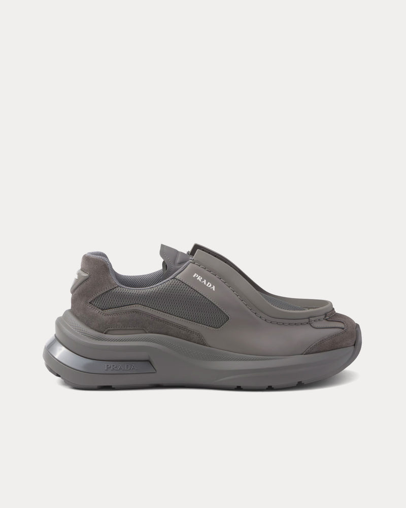 Prada Systeme Brushed Leather with Bike Fabric & Suede Elements Marble Grey Low Top Sneakers - 1