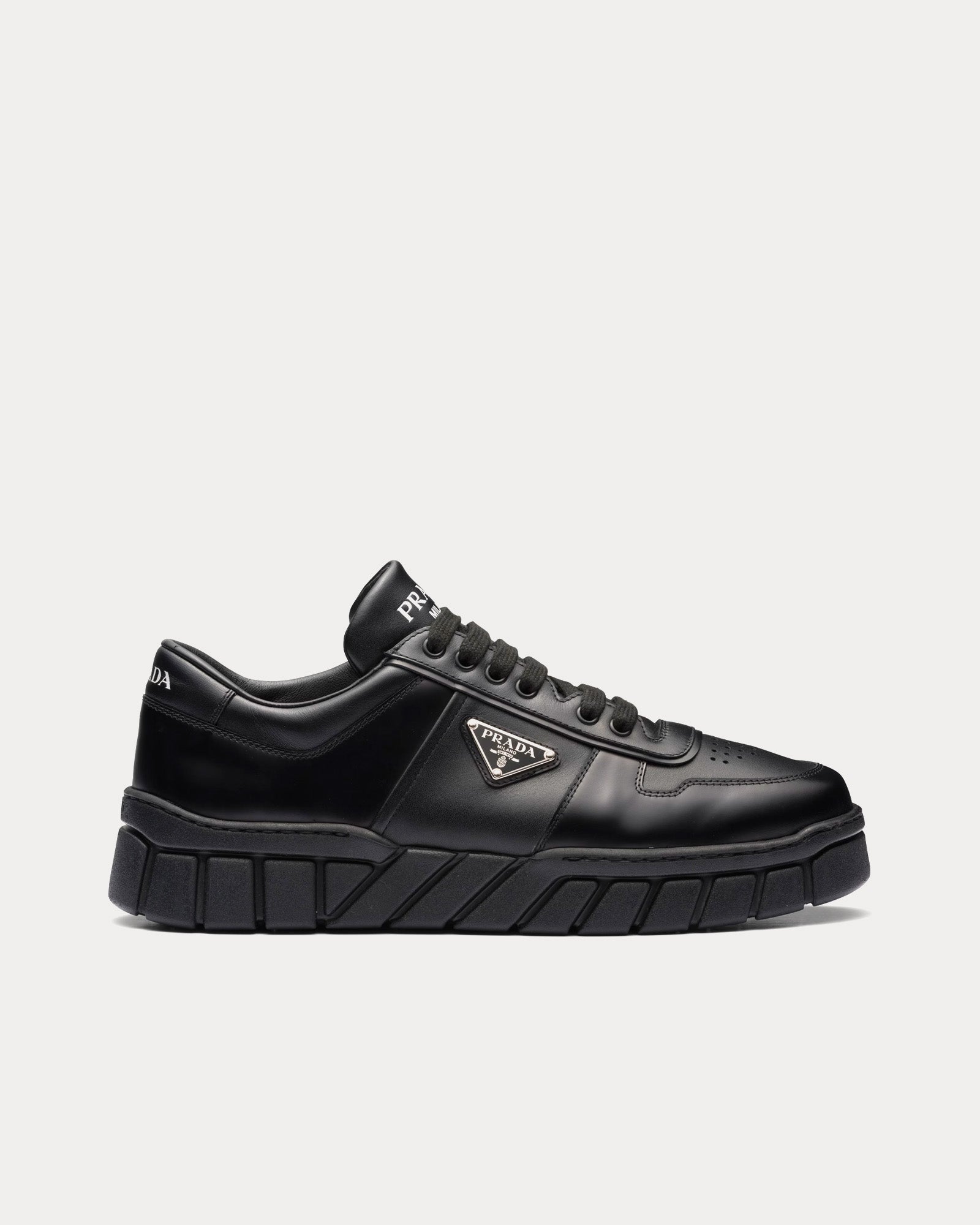 Prada Leather with Geometric Tread Black Low Top Sneakers - 1