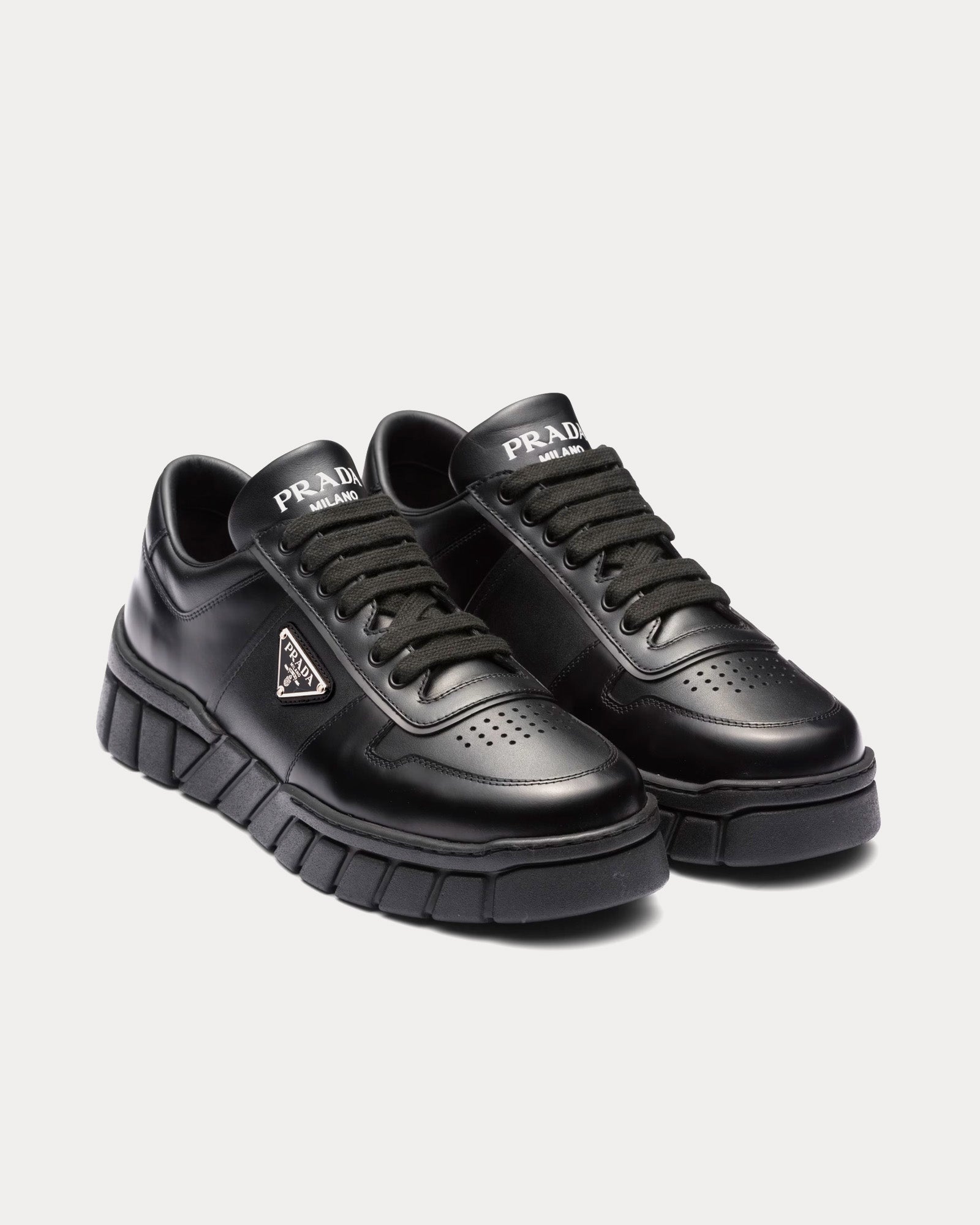 Prada Leather with Geometric Tread Black Low Top Sneakers - 2