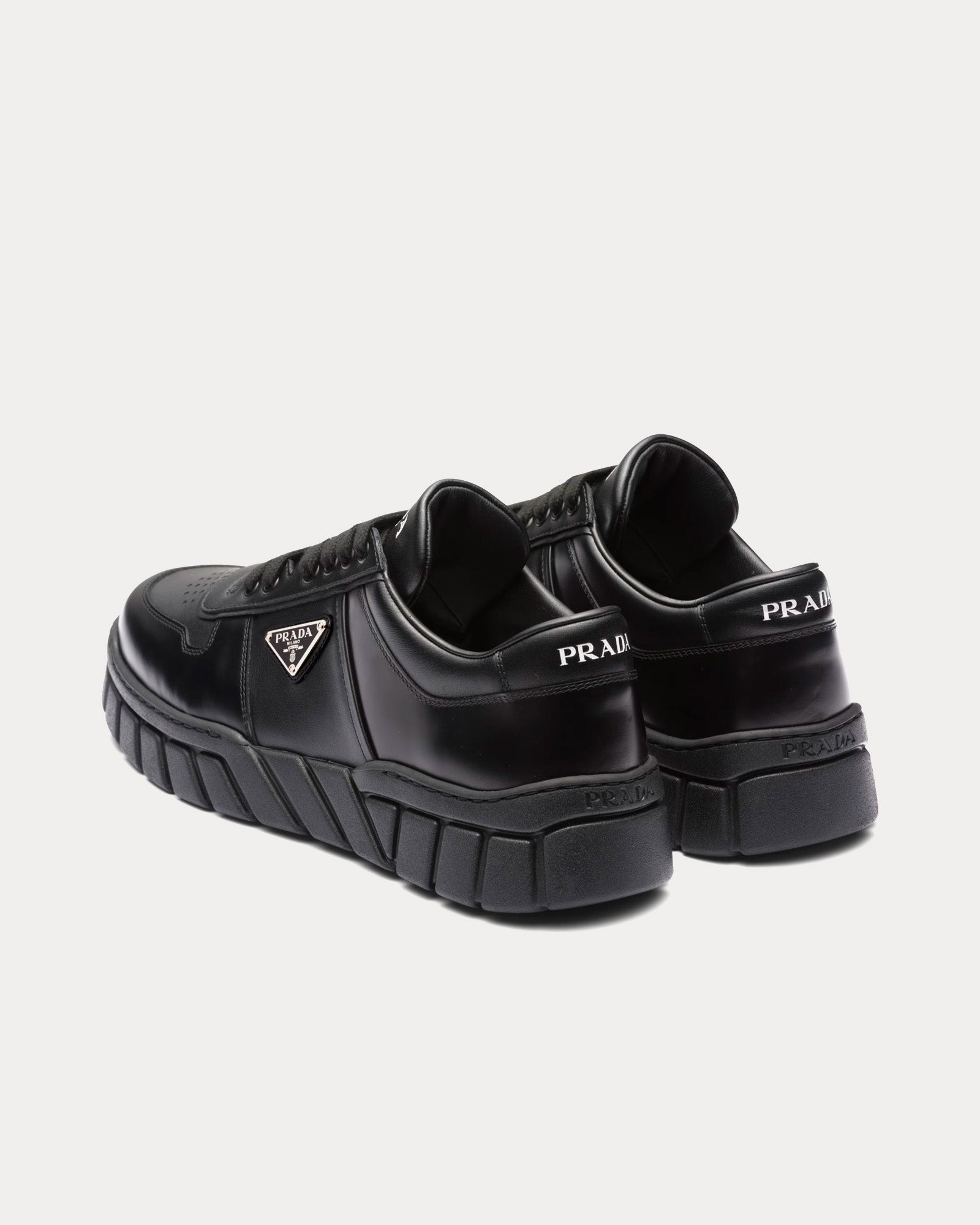 Prada Leather with Geometric Tread Black Low Top Sneakers - 3