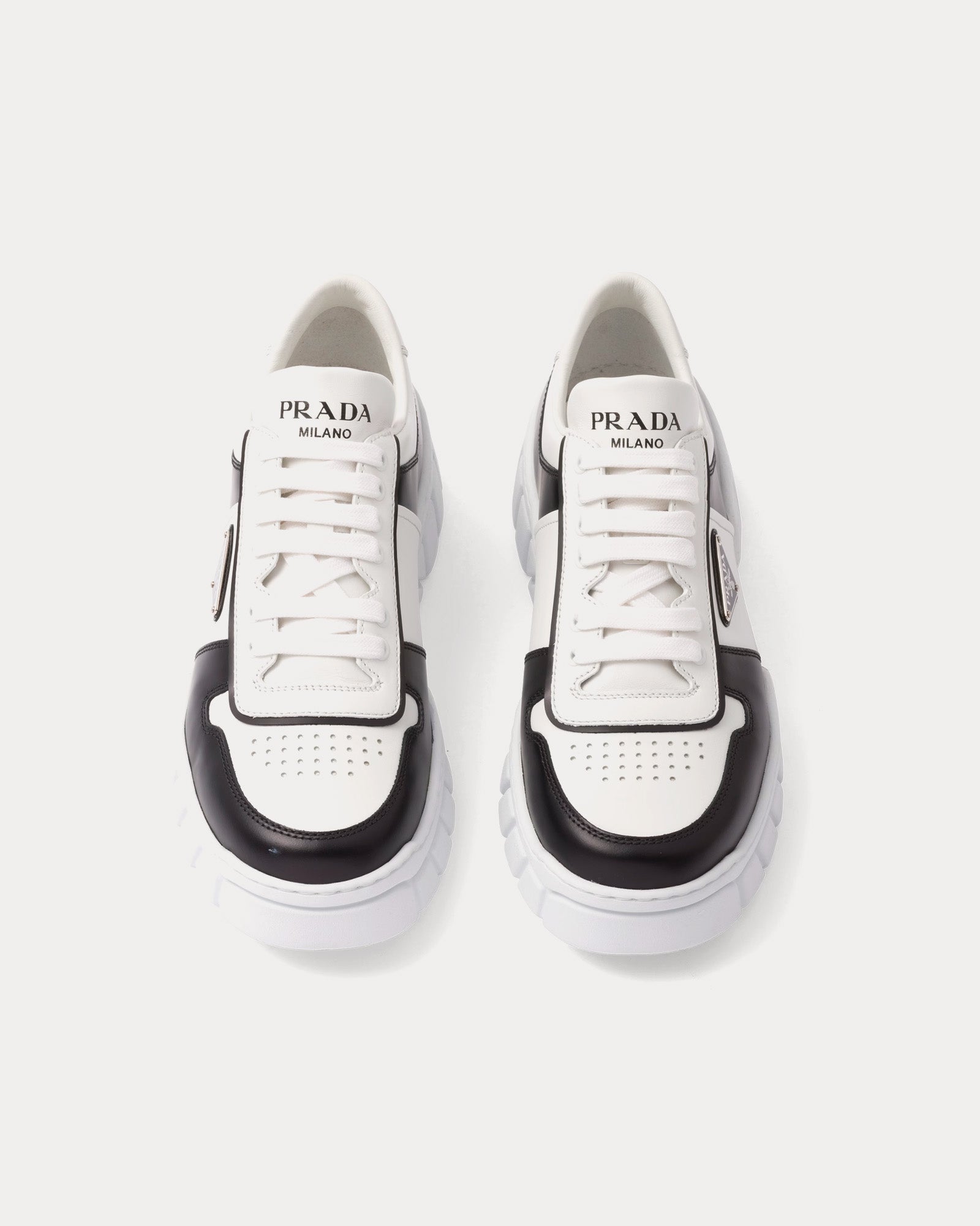 Prada Leather with Geometric Tread White / Black Low Top Sneakers - 2