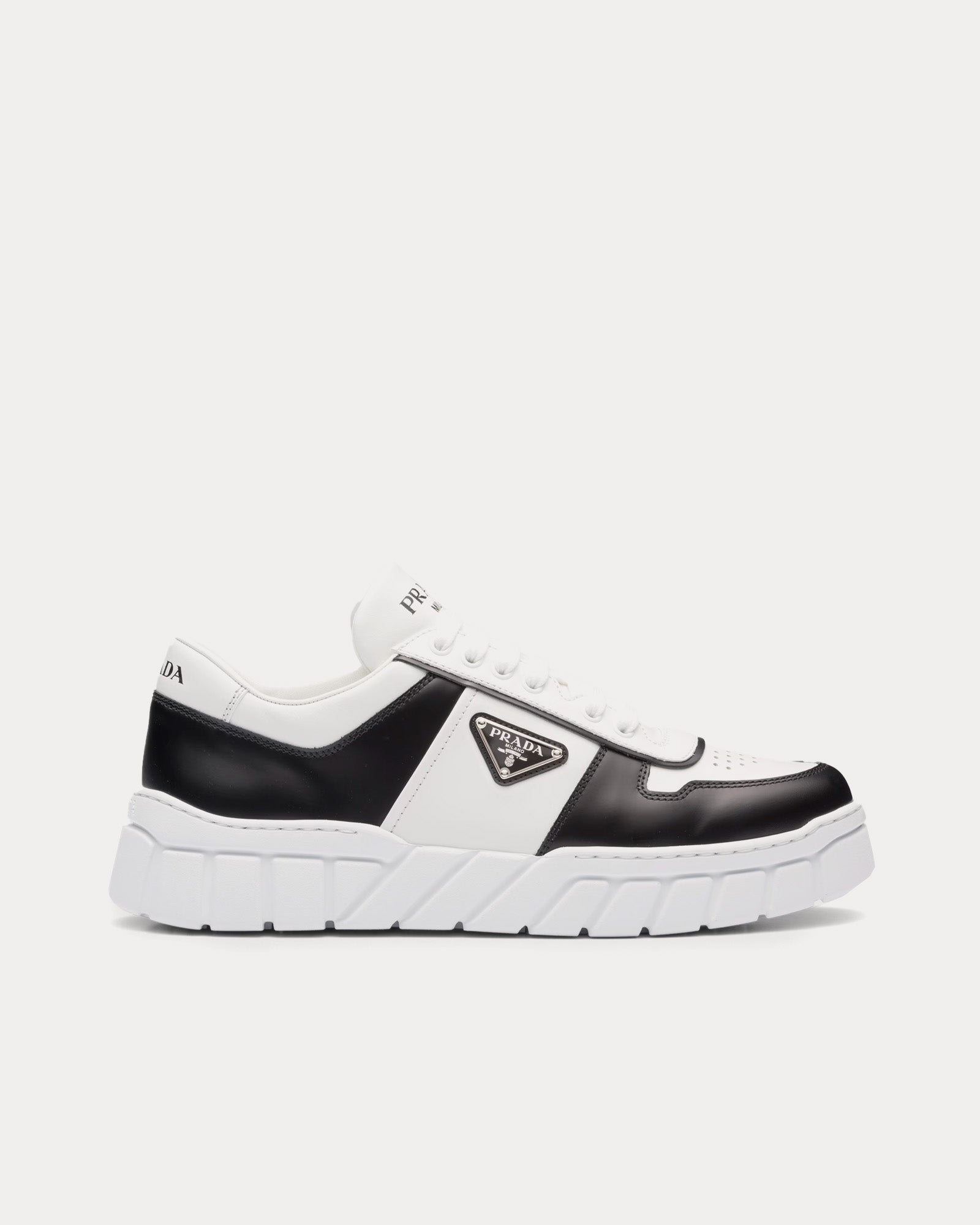 Prada Leather with Geometric Tread White / Black Low Top Sneakers - 1