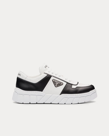 Prada Leather with Geometric Tread White / Black Low Top Sneakers