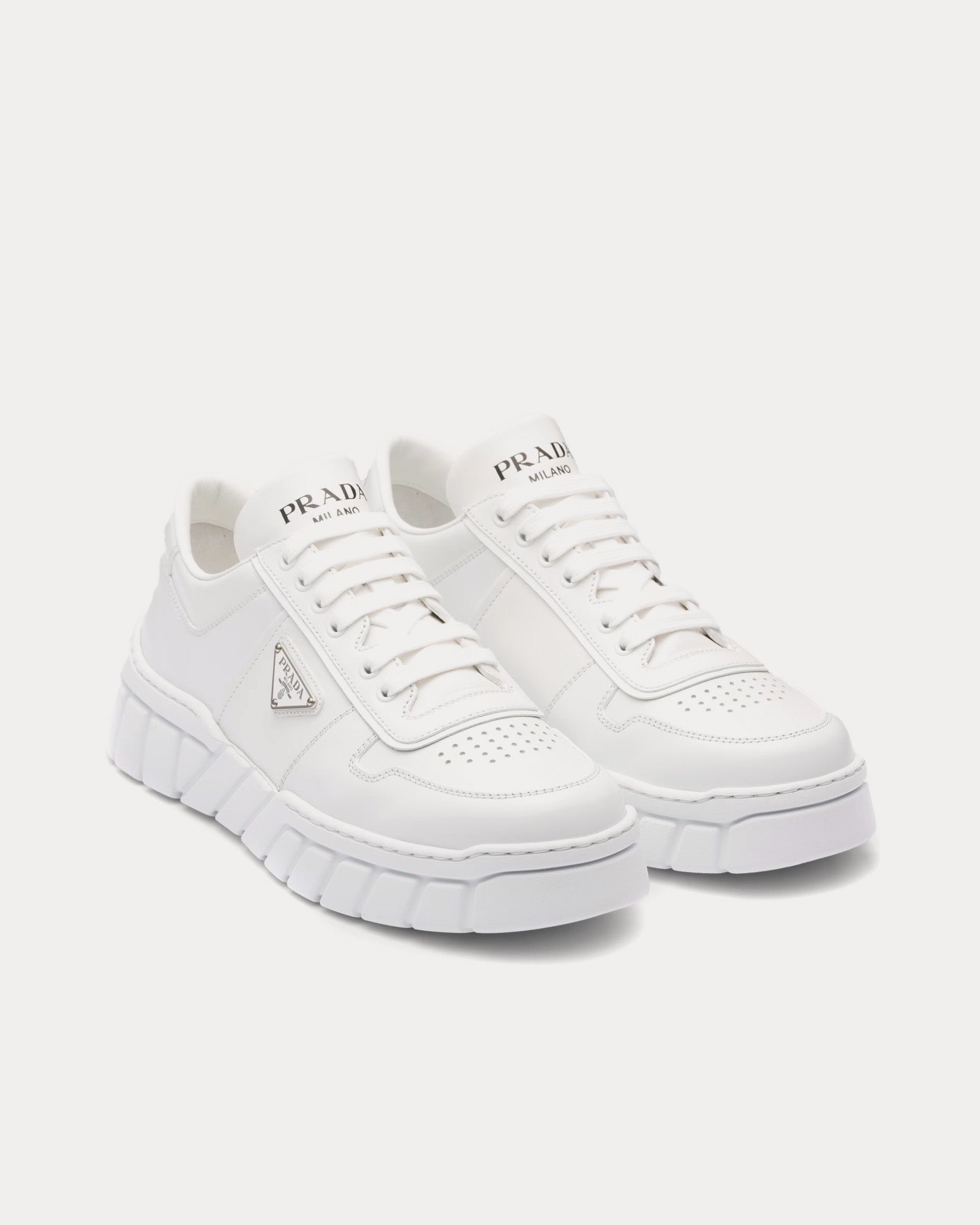 Prada Leather with Geometric Tread White Low Top Sneakers - 2