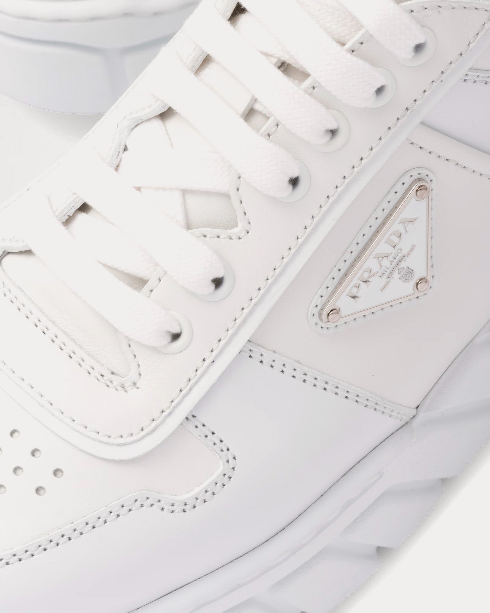 Prada Leather with Geometric Tread White Low Top Sneakers - 4