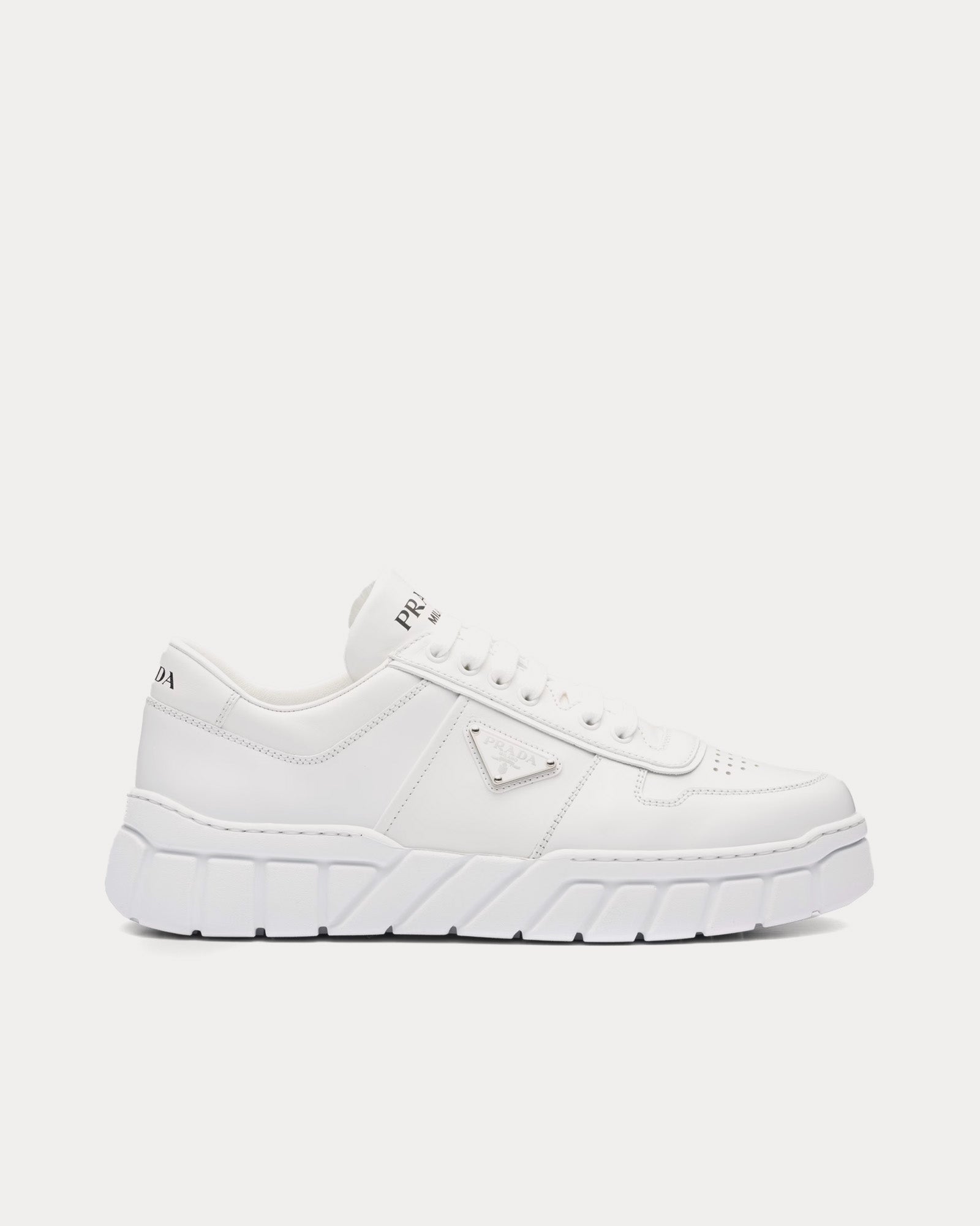 Prada Leather with Geometric Tread White Low Top Sneakers - 1