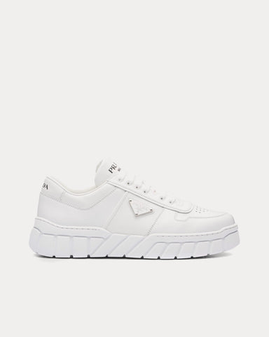 Prada Leather with Geometric Tread White Low Top Sneakers