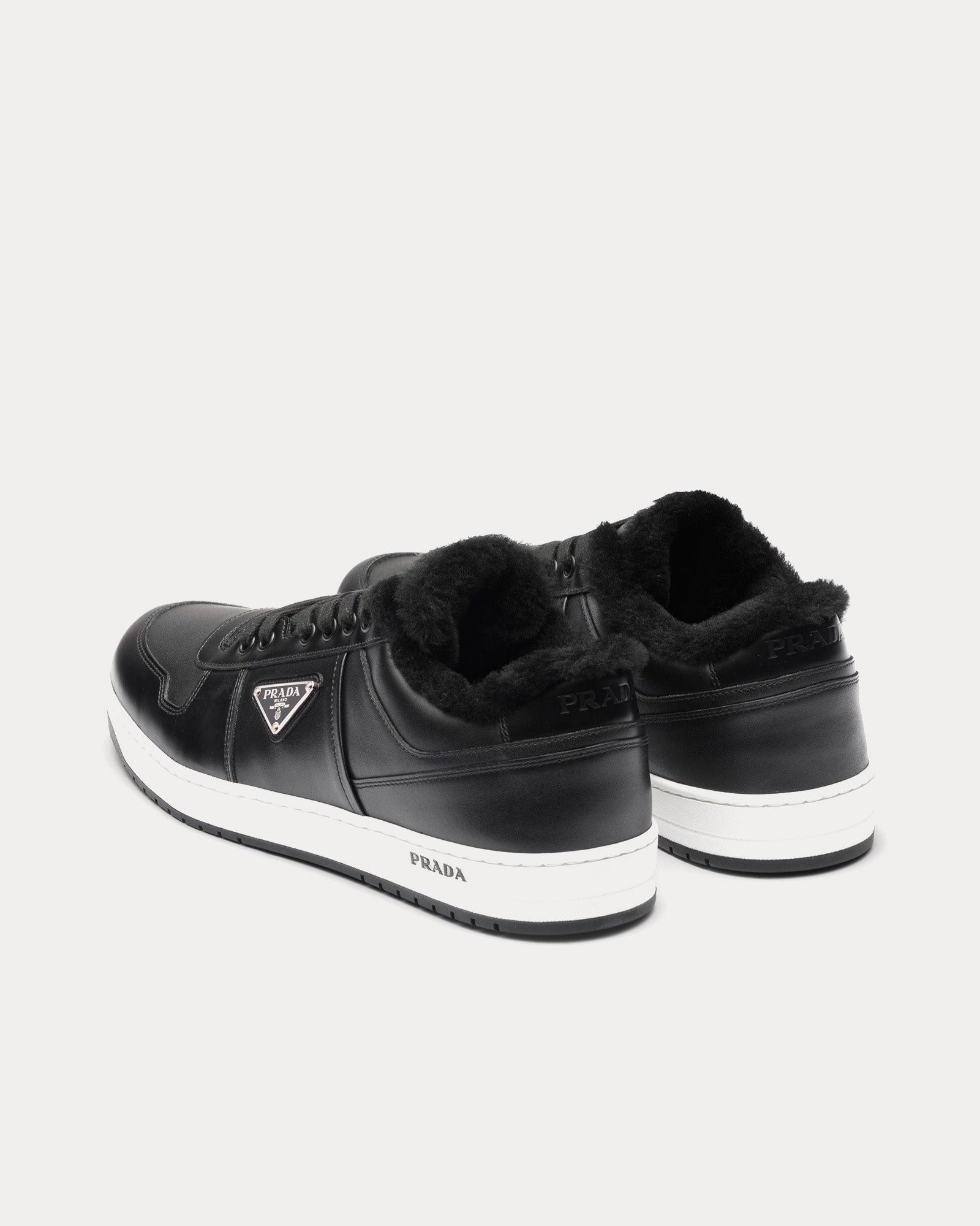 Prada Downtown Leather & Shearling Black Low Top Sneakers - 3