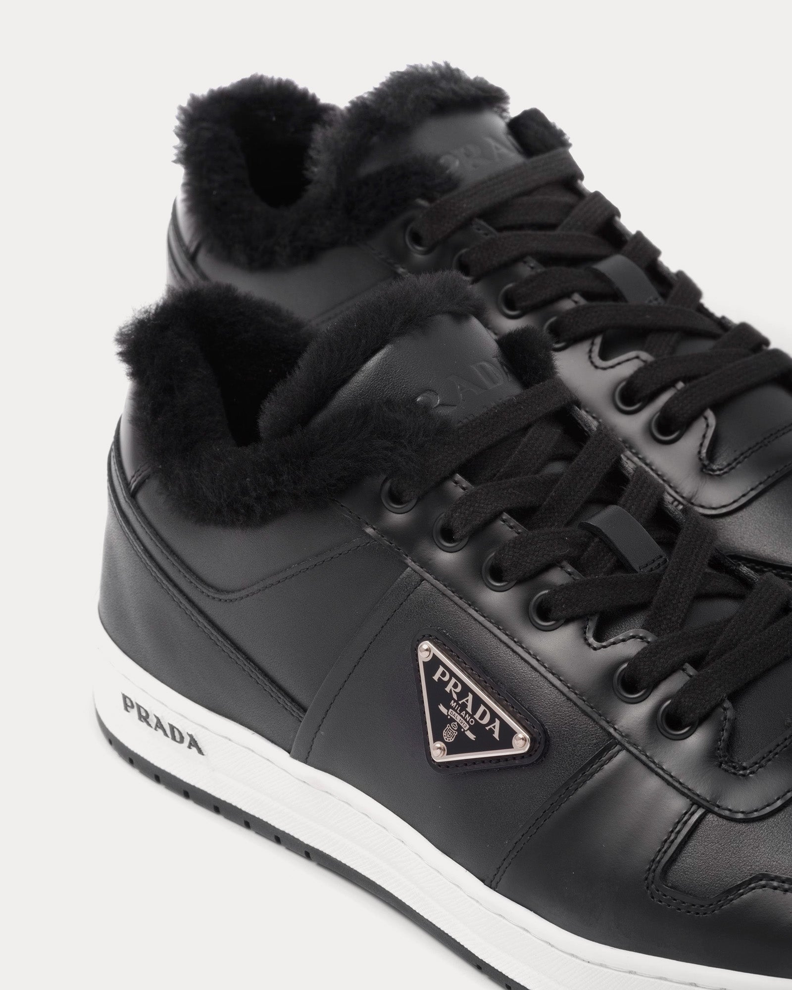 Prada Downtown Leather & Shearling Black Low Top Sneakers - 4