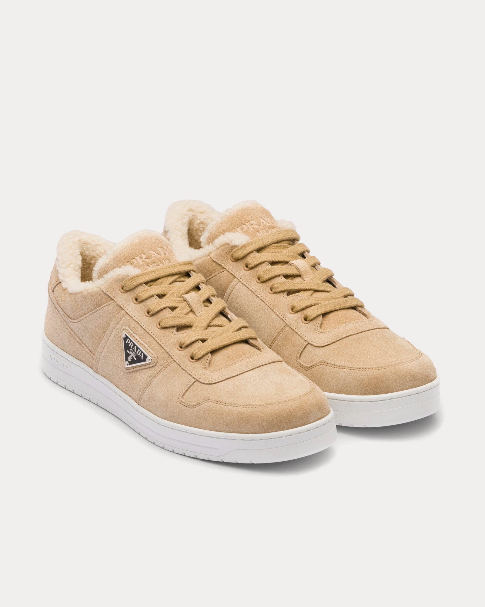 Prada Suede & Shearling Ecru Low Top Sneakers - 2