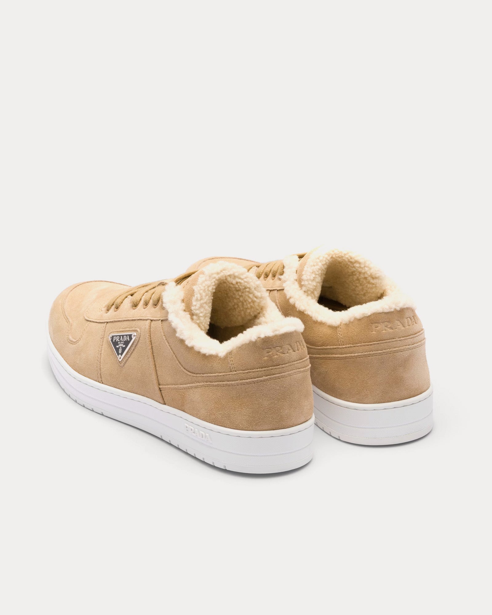 Prada Suede & Shearling Ecru Low Top Sneakers - 3