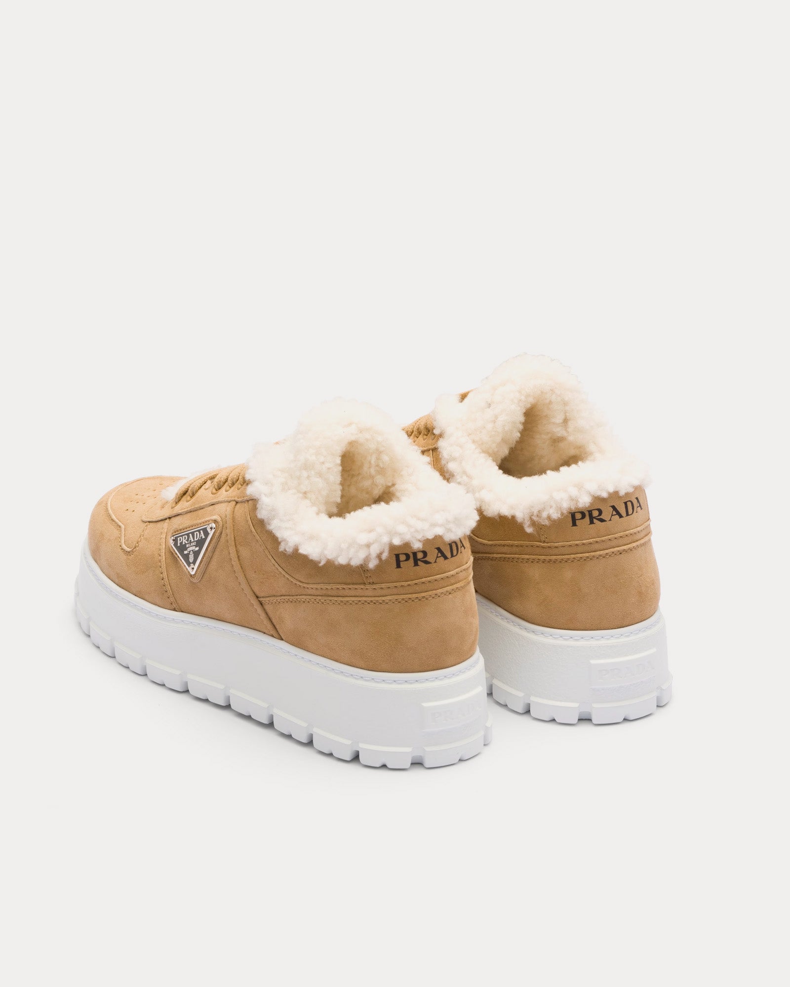 Prada Shearling Ecru Low Top Sneakers - 3