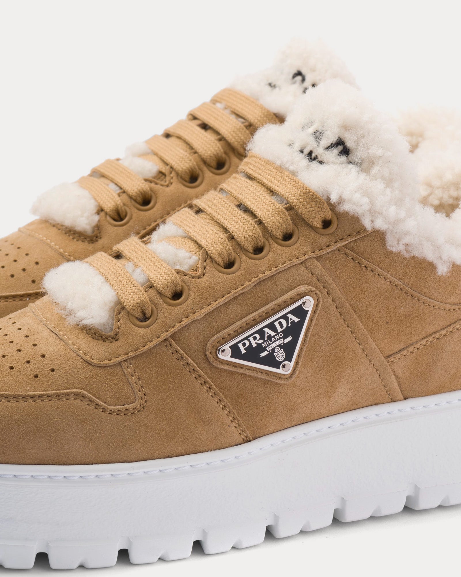 Prada Shearling Ecru Low Top Sneakers - 4