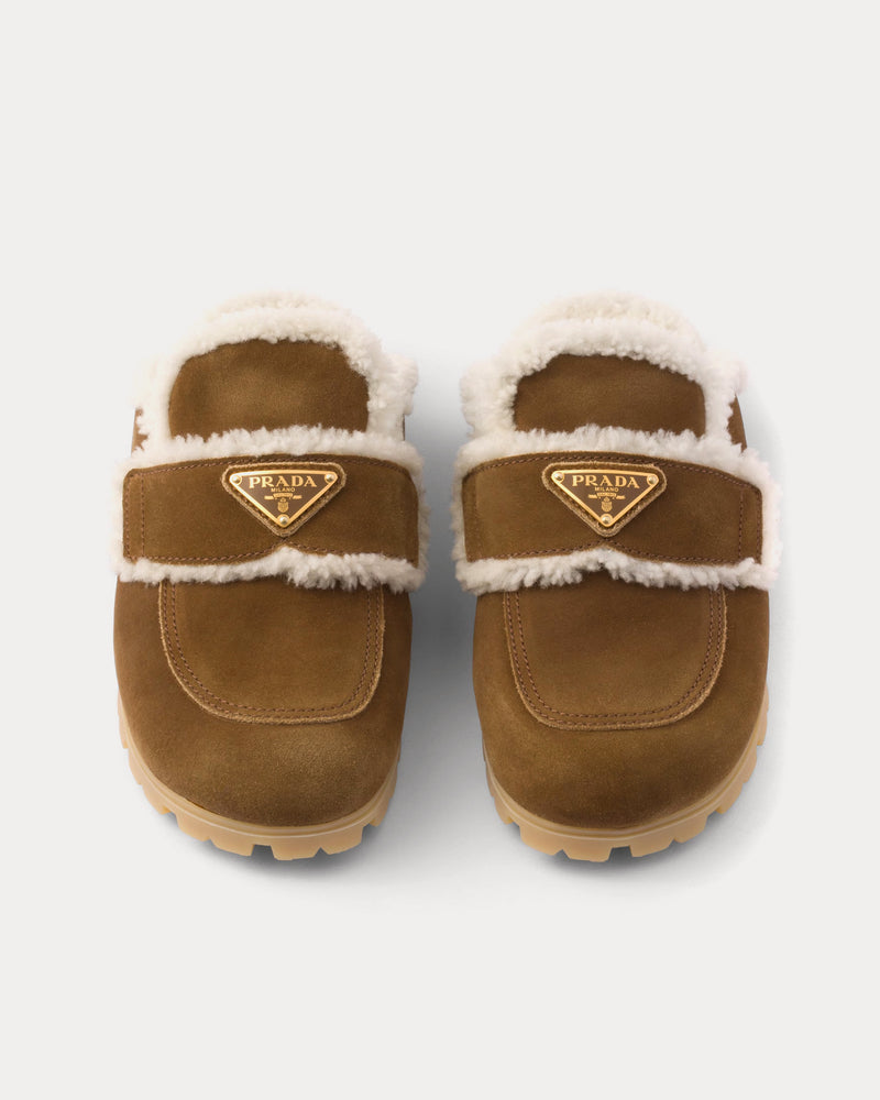 Prada Suede & Shearling Cinnamon Slippers - 2