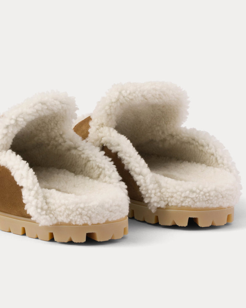 Prada Suede & Shearling Cinnamon Slippers - 4