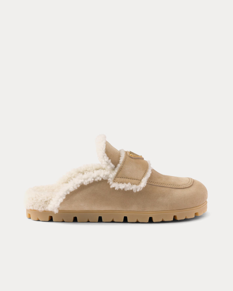 Prada Suede & Shearling Ecru Slippers - 1