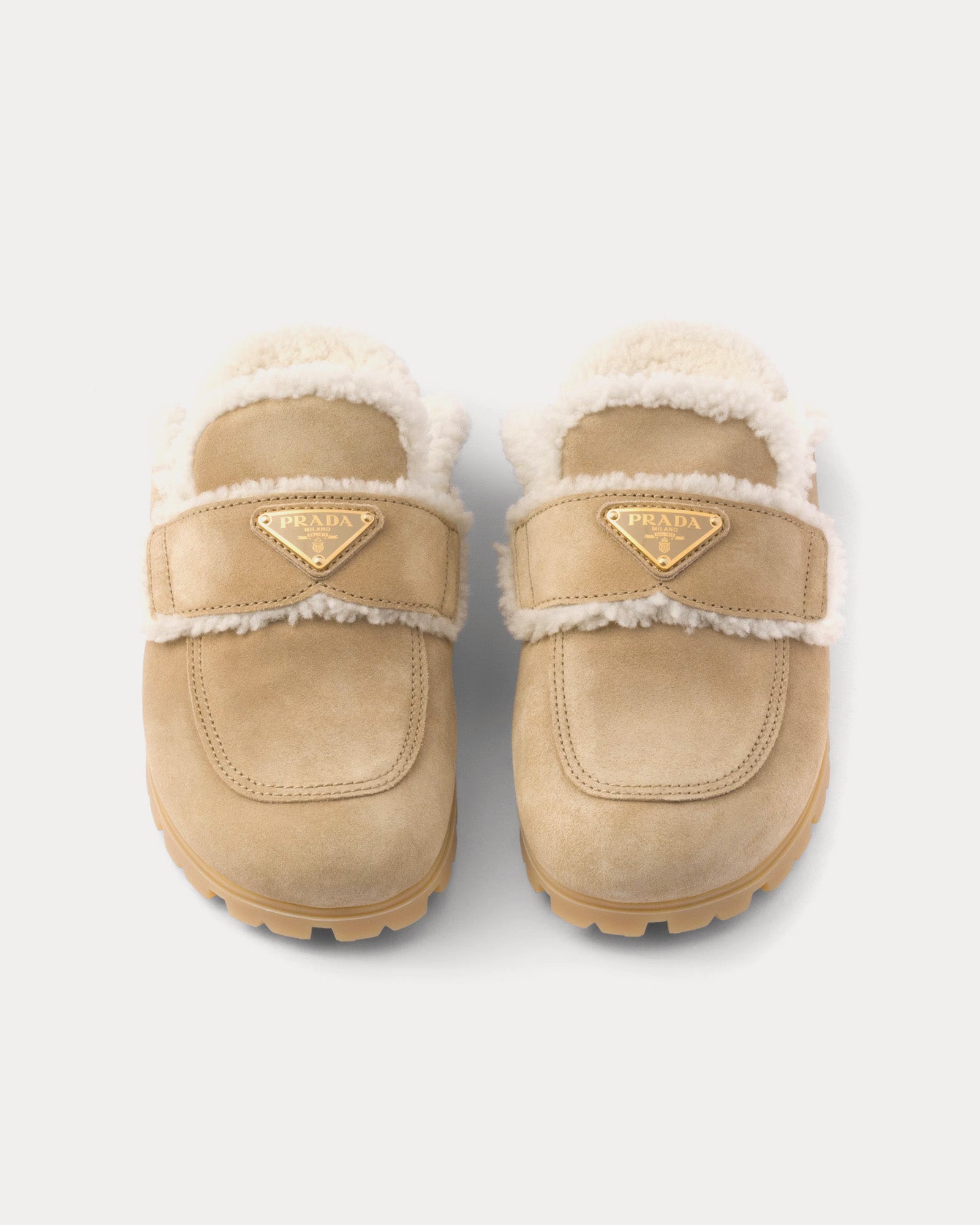 Prada Suede & Shearling Ecru Slippers - 2