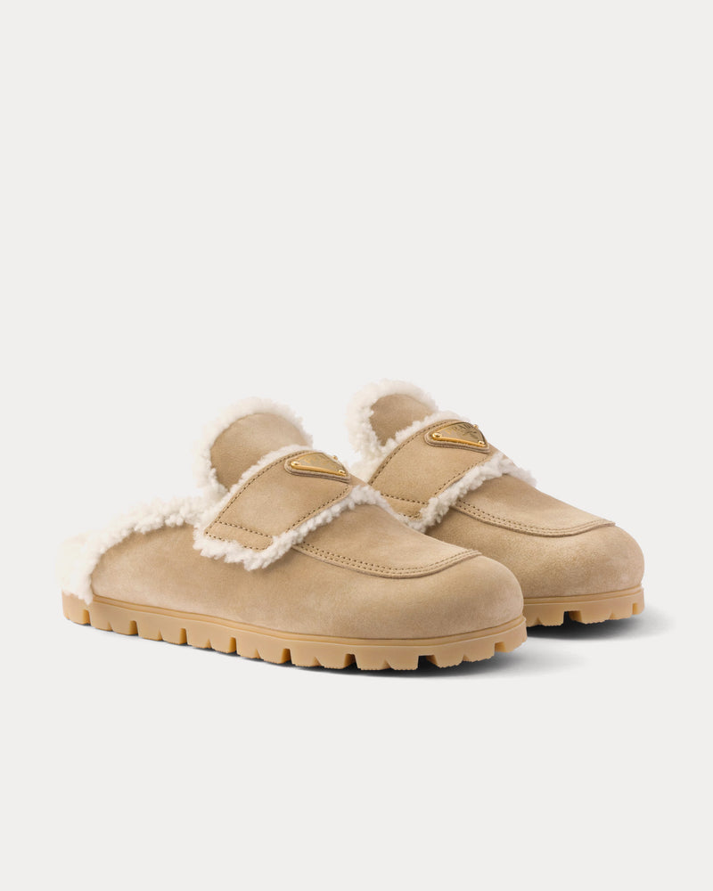 Prada Suede & Shearling Ecru Slippers - 3