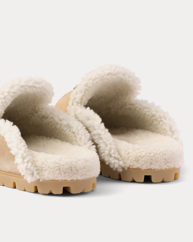 Prada Suede & Shearling Ecru Slippers - 4