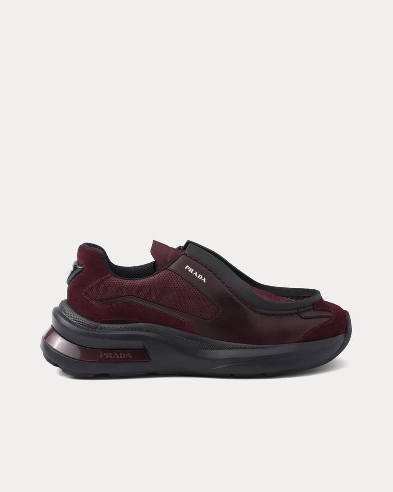 Prada Systeme Brushed Leather with Bike Fabric & Suede Elements Garnet Low Top Sneakers - 1