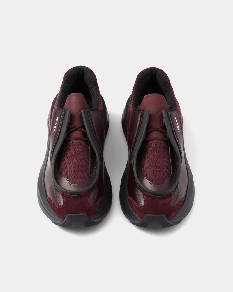 Prada Systeme Brushed Leather with Bike Fabric & Suede Elements Garnet Low Top Sneakers - 4