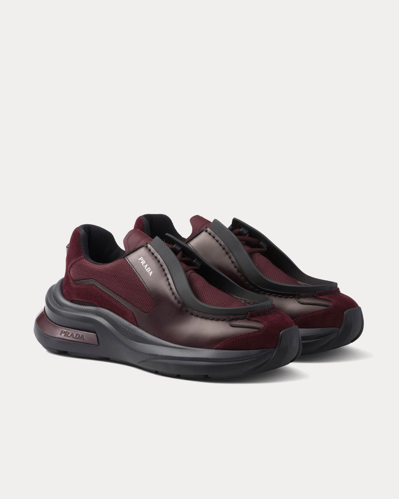 Prada Systeme Brushed Leather with Bike Fabric & Suede Elements Garnet Low Top Sneakers - 2