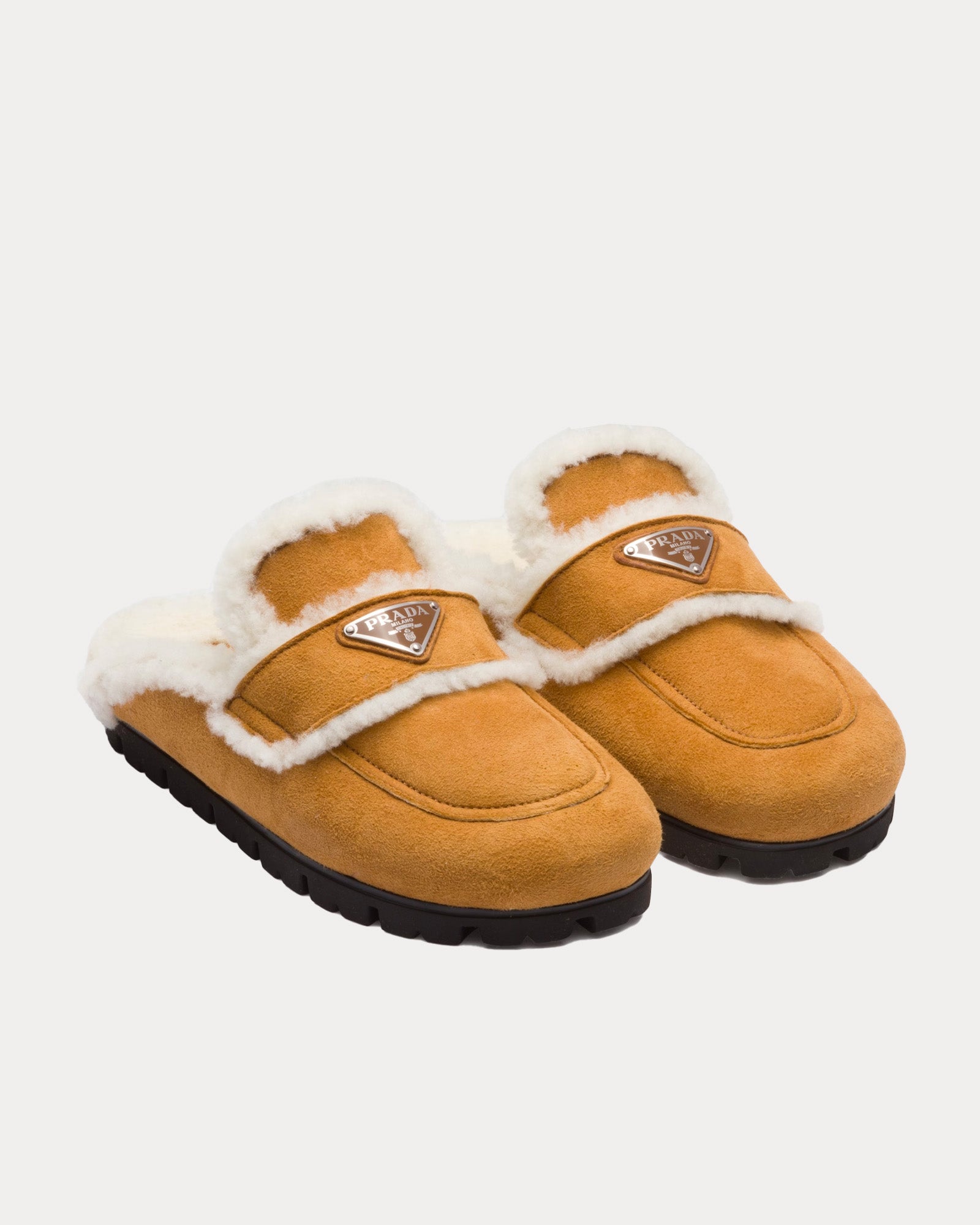 Prada Shearling Cognac Slippers - 2