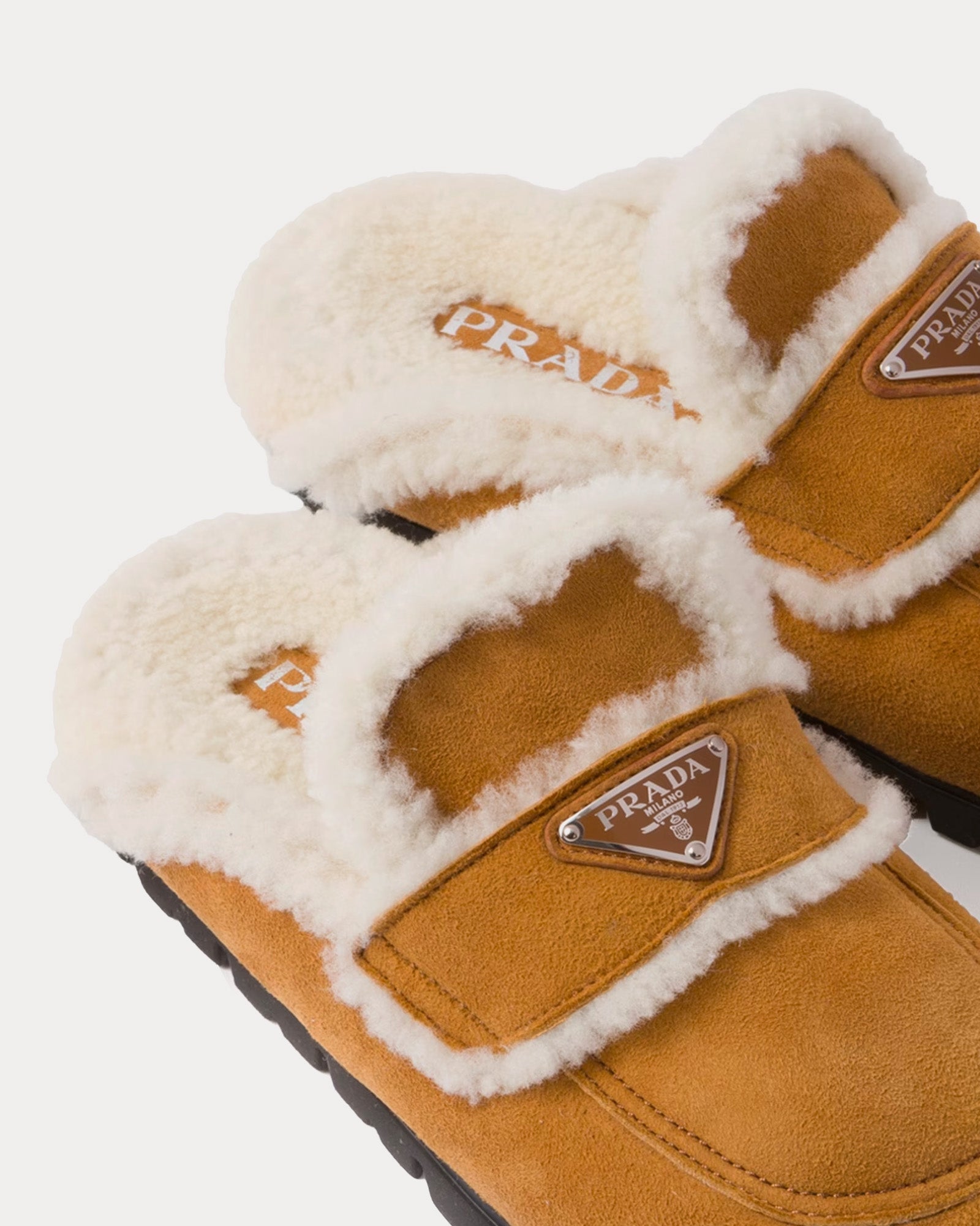 Prada Shearling Cognac Slippers - 3