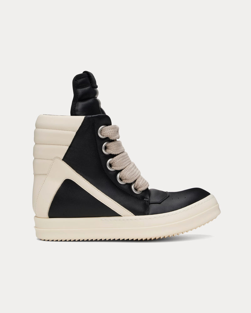 Rick Owens Hollywood Geobasket Jumbolace Leather Black / Black / Milk High Top Sneakers - 1