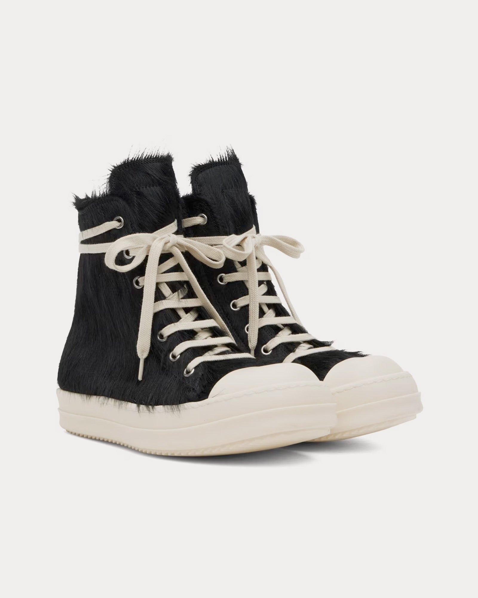 Rick Owens High Hair On Leather Black / Milk / Milk High Top Sneakers - 2