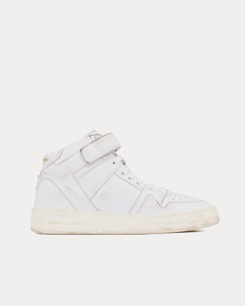 Saint Laurent LAX Washed-Out Effect Leather Blanc Optique Mid Top Sneakers - 1