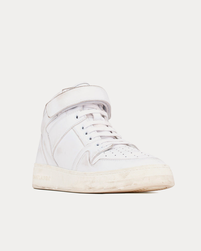 Saint Laurent LAX Washed-Out Effect Leather Blanc Optique Mid Top Sneakers - 3