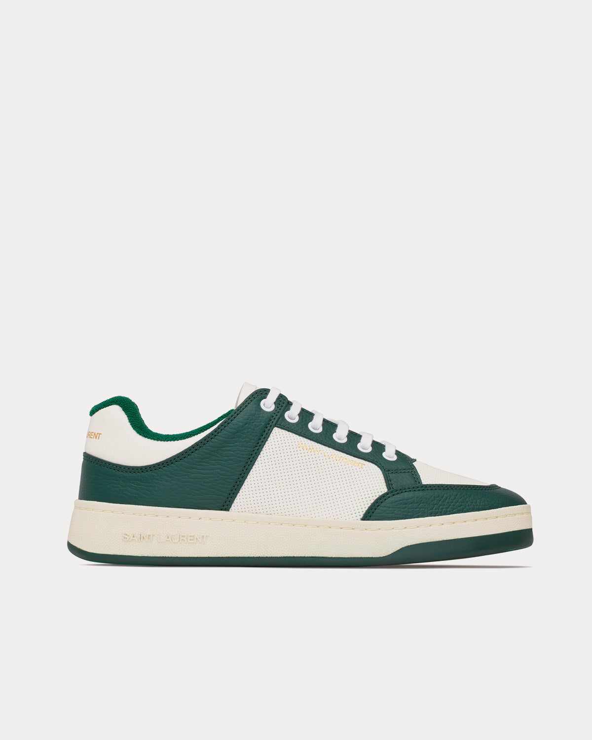 Saint Laurent SL/61 Smooth & Grained Leather White / Dark Green Low Top Sneakers - 1