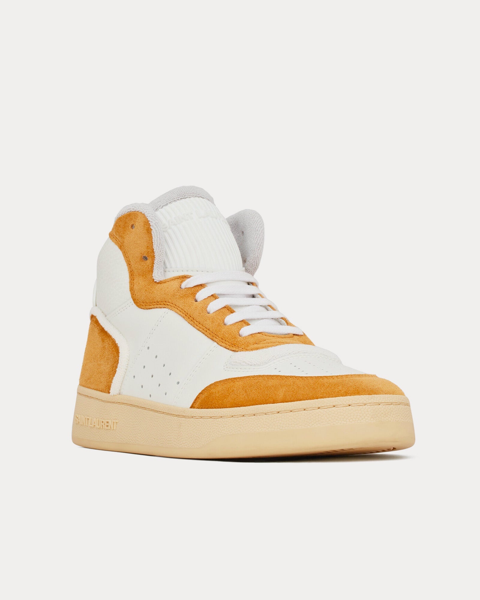 Saint Laurent SL/80 Leather & Suede White / Mustard Mid Top Sneakers - 3