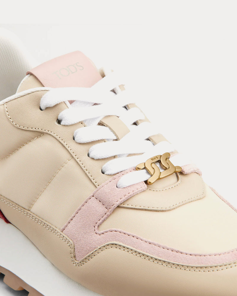 Tod's Leather & Fabric Beige / Pink / Red Low Top Sneakers - 2