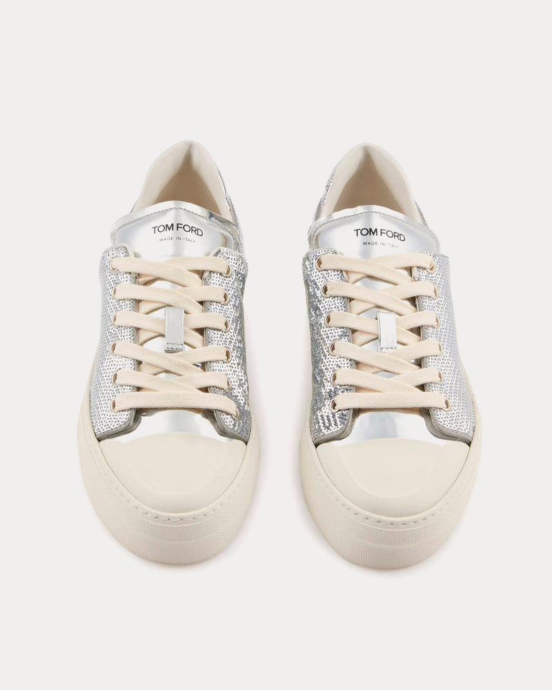 Tom Ford Grace Sequin Embroidery Silver Low Top Sneakers - 2