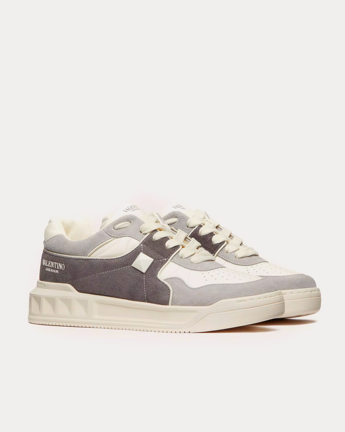 Valentino One Stud Nappa Leather Grey / White Low Top Sneakers - 3